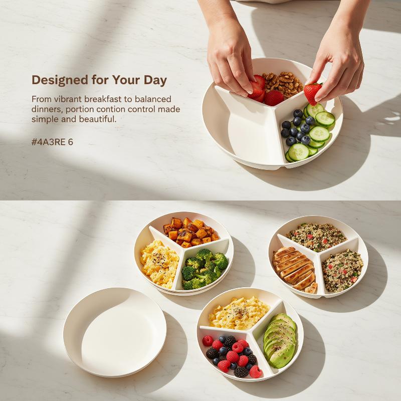 Food Storage Dividers - 3 Compartments Grid-shaped Dinner Plate Round